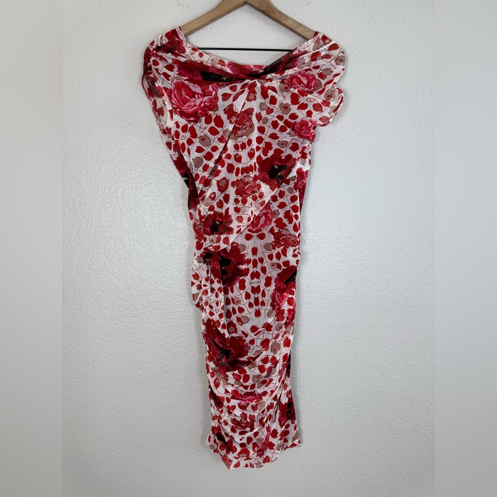 Floral Red Midi Dress - Women's Strapless Bodycon - Picture 7 of 13